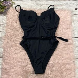NWOT Perfect DD Black Shine Bustier Belted One Piece Swimsuit